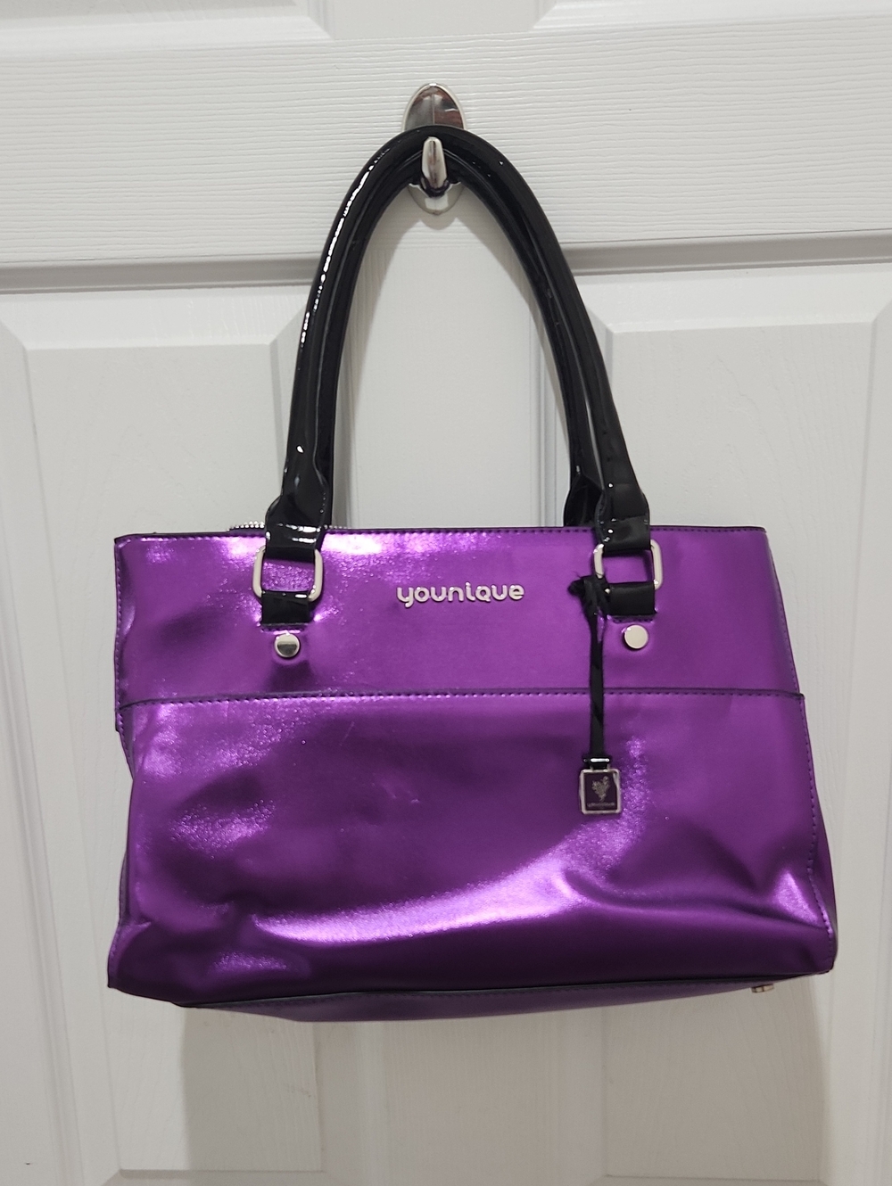 Younique Metallic Purple Patent Tote with Black Handles